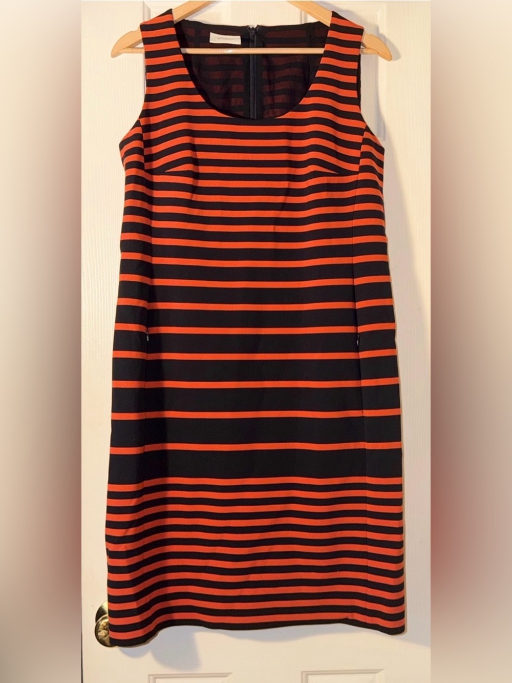 Akris Punto Navy Orange Striped Sleeveless Sheath Dress Zip Pockets Designer 8